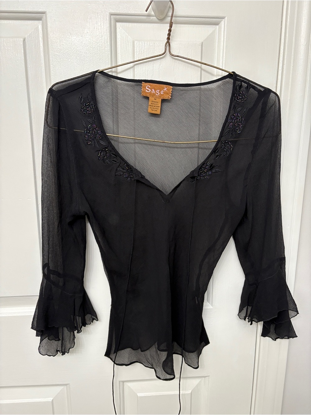 Sage Black Sheer V-Neck Blouse
